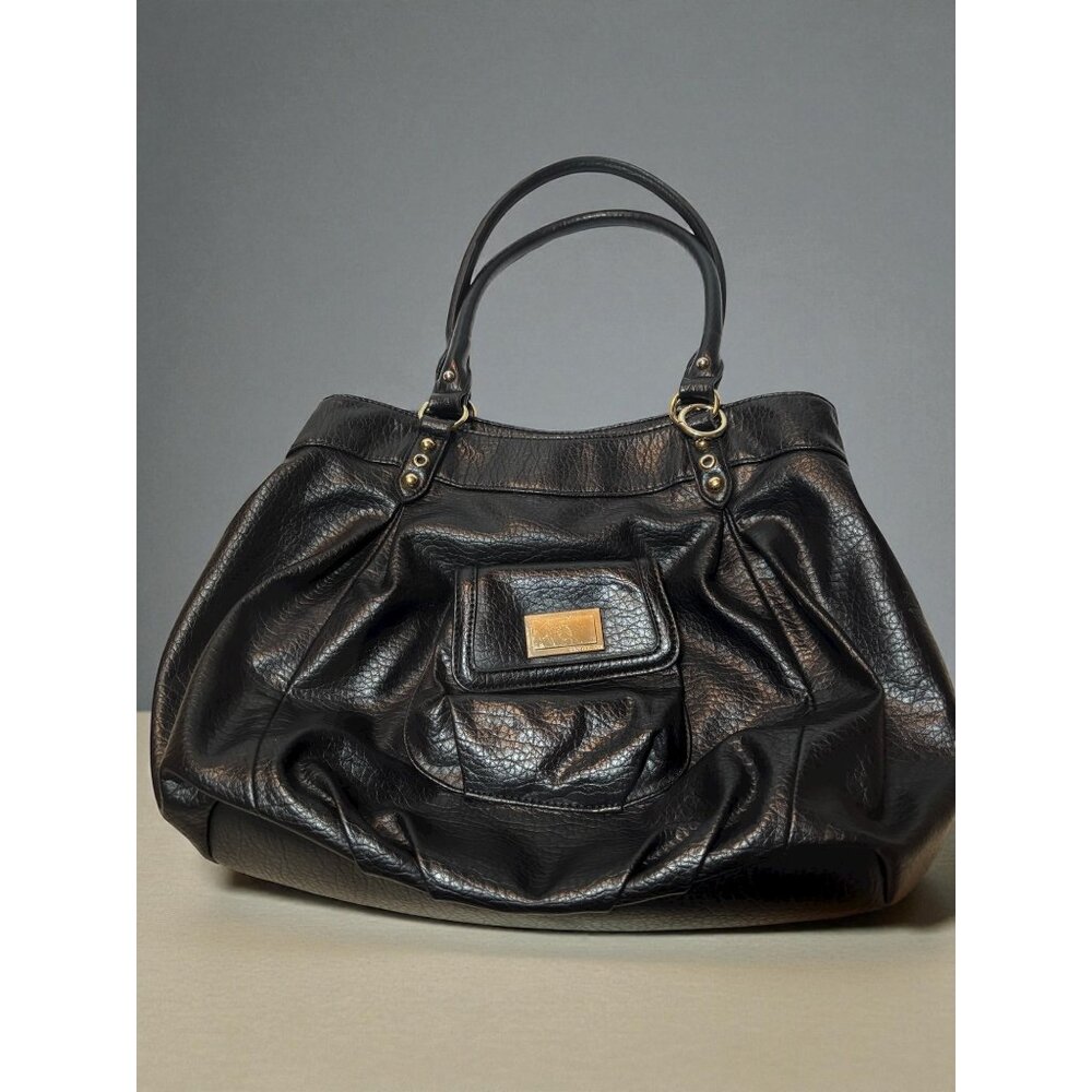 Juicy Couture Black Pebble Faux Leather Tote Bag With Gold Hardware & Front Pock